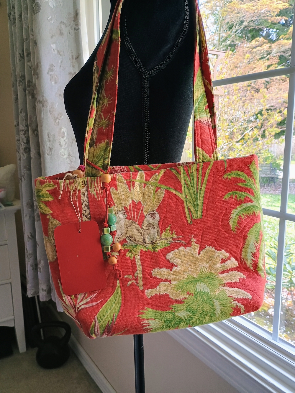 Tropical Fabric Handbag with Green Accents